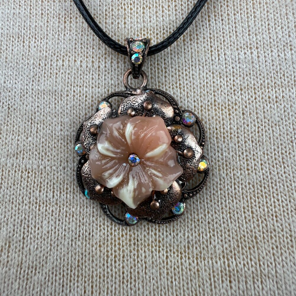 Copper Pink Enamel Rhinestone Flower Pendant Black Cord 22.5" - Picture 1 of 6